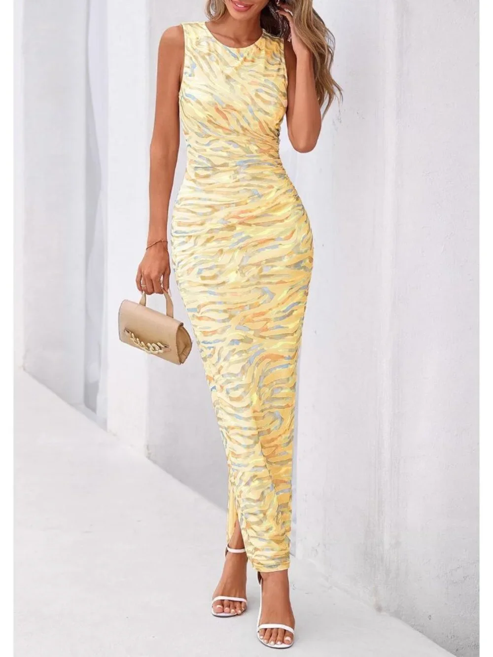 Women Floral Yellow  Polyester Elastane Mesh Sleeveless Bodycon Long Maxi Dress